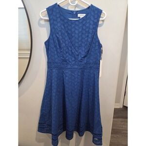Calvin Klein  Fit & Flare blue 100% cotton dress size 8 Embroidered Eyelet